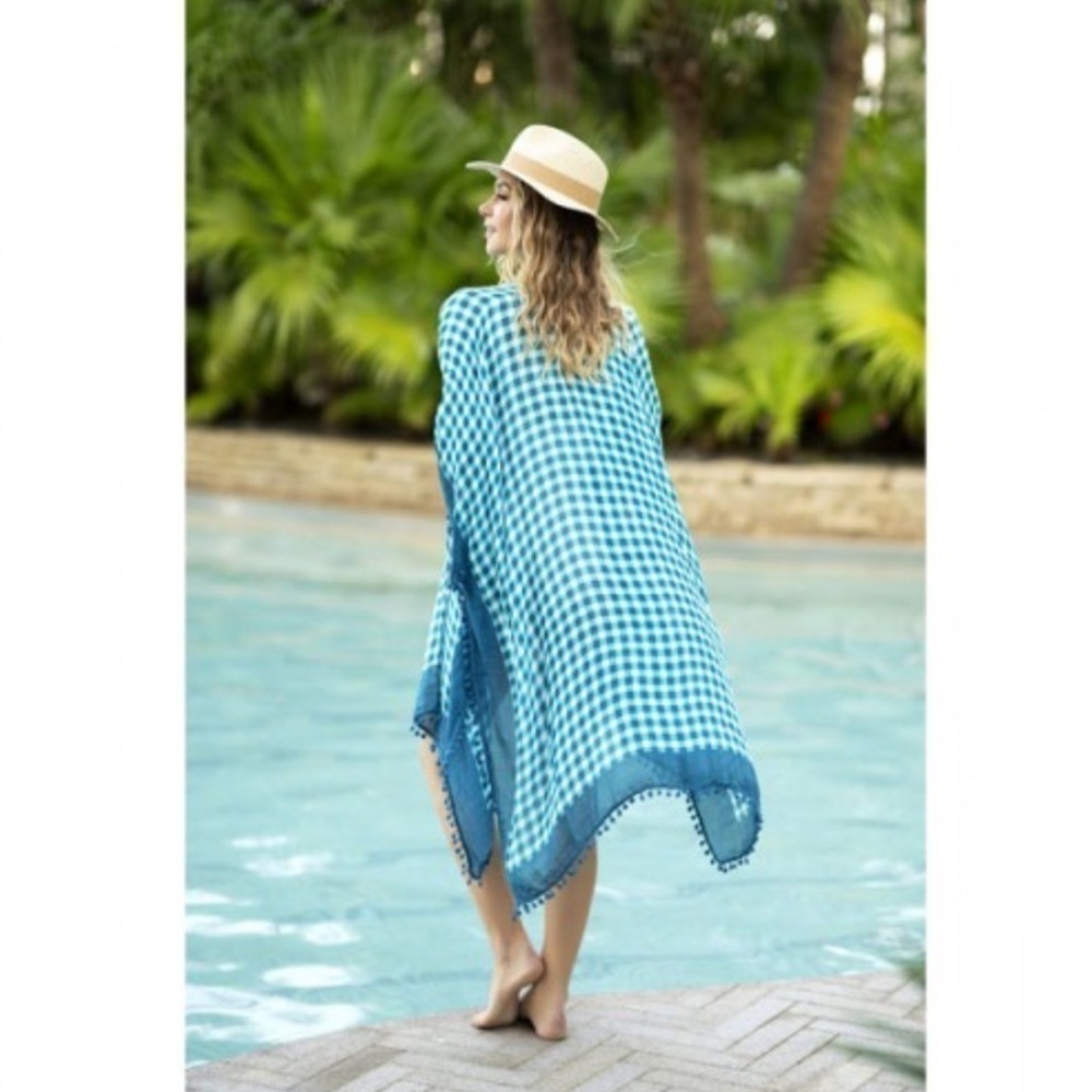 SHIRALEAH Italia Teal Gingham Beach CoverUp Pom-Poms Sz 0-14 Coastal Grandma